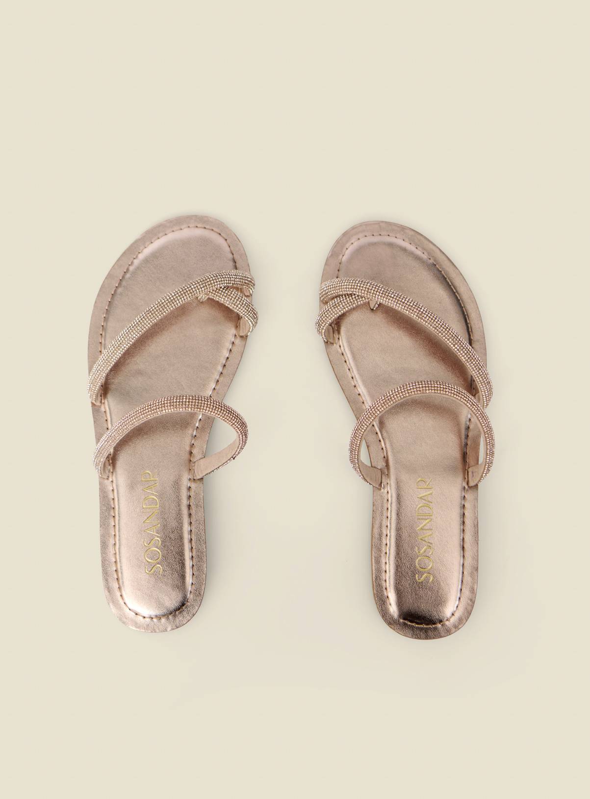 SOSANDAR Rose Gold Metallic Diamante Strap Flat Sandals 6 - Image 3
